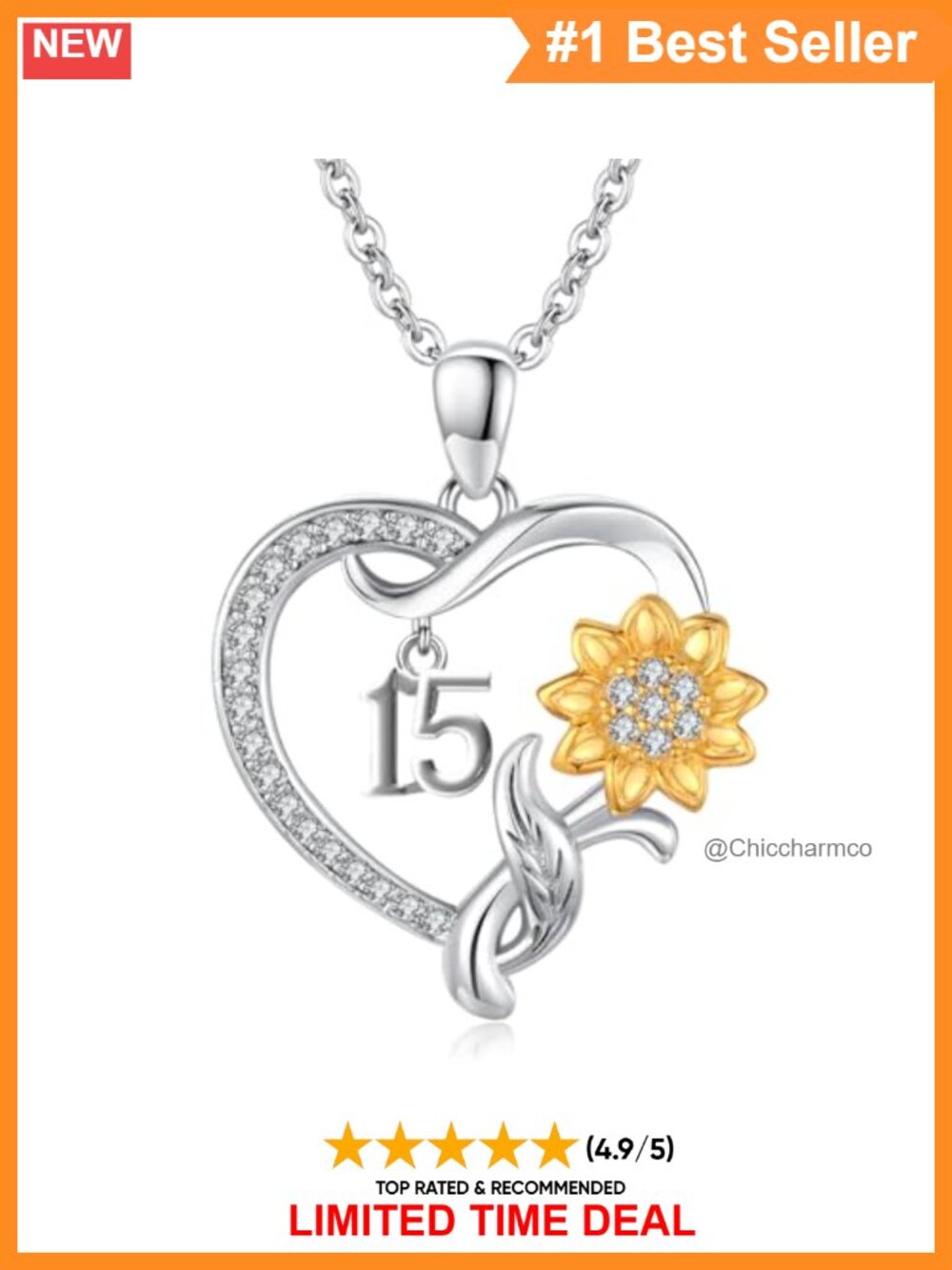925 Sterling Silver Sunflower Heart Pendant Necklace 15th Birthday Gift